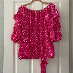 CeCe Ruffle Balloon Sleeve Top Pink with White Polka Dot Size XL